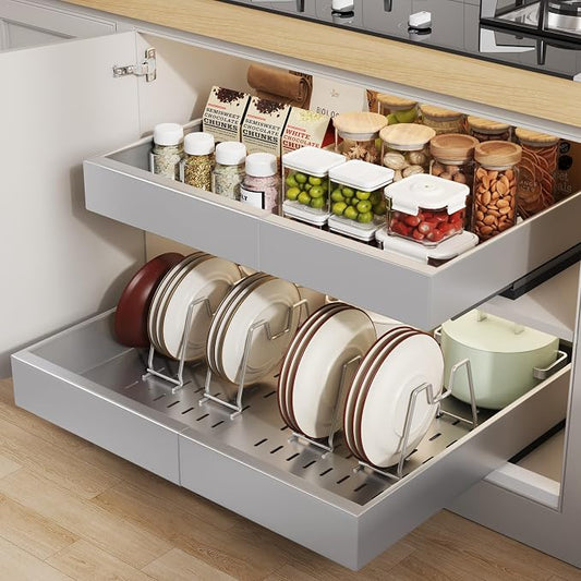 Seinloes 2 Pack Pull out Cabinet Organizer 21"Deep With Raising Pad for Framed Cabinets, Expandable Slide out Drawers for Kitchen Cabinets with 4pcs Divider Racks,Roll out Shelves 12.1"-20.4" W Silver by Seinloes