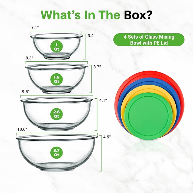 NutriChef 4‑Piece Glass Mixing Bowls with Lids – Premium Borosilicate Glass Bowl Set (1 QT‑3.7 QT) – Non‑Toxic Bowls with Airtight Lids for Mixing, Baking, Serving & Storage - Image 3