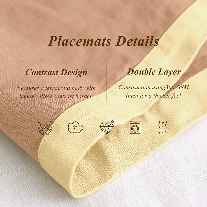 Linen World 100% French Linen Placemats Set of 4,21 x 15 Inch Double Layer Table Mats,Washable Heavyweight Placemats for Holiday Dining Kitchen Decor,Lemon Yellow with Terracotta Contrast Border - Image 5