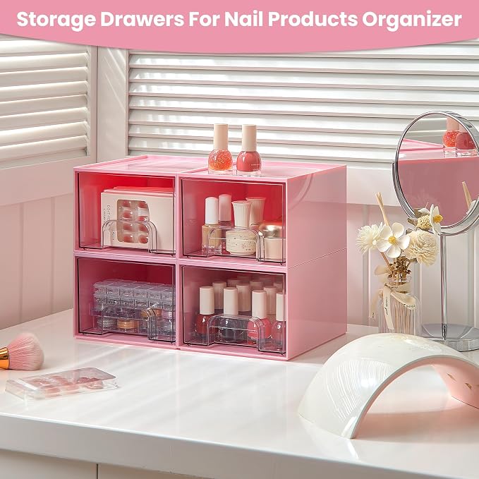 Vtopmart 4 Pack Small Clear Stackable Storage Drawers, Pink | Bathroom Makeup Accessories Organizer, Plastic Bins For Desk, Vanity, Undersink, Medicine Cabinet ,Home Organization - Image 4