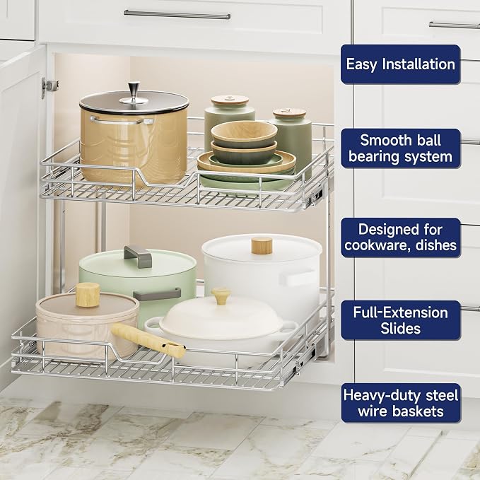 2-Tier Pull Out Cabinet Organizer, 22.5" W x 21.5" D, Heavy Duty Dual Slide Out Shelves for Wide Base Cabinets, Chrome Wire Basket Drawer for Pots, Pans, Pantry & Cleaning Supplies - Image 4