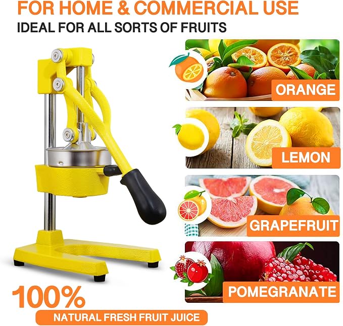 Commercial Heavy Duty Cast Iron Hand Press Manual Orange Citrus Lemon Lime Grapefruit Pomegranate Fruit Juice Squeezer Machine with Stainless Steel Cup Yellow - Image 4