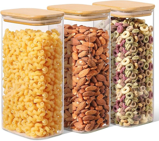 ComSaf Glass Storage Containers With Lids 1.8 Qt, 3 Pack Pantry Organizers | Glass Jars With Bamboo Lids, Rectangle Pantry Jar, Kitchen Canisters, Dry Food Storage Cereal, Flour, Sugar, 54oz, BPA Free by ComSaf