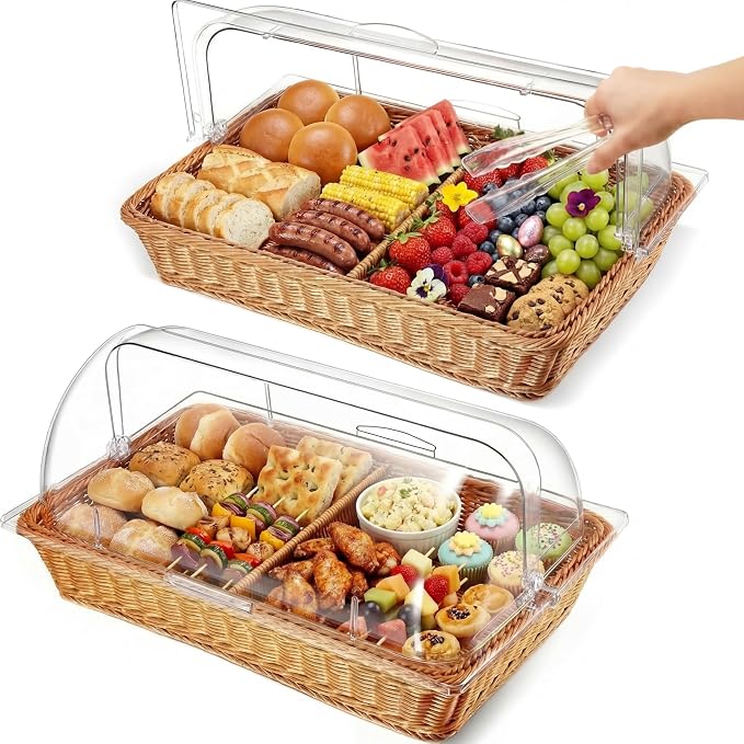 2 Set Wicker Bread Baskets for Serving with Clear Acrylic Roll Top Lid Woven Rattan Bread Basket Large for Fruit Food Picnic Summer Pool Party Outdoor BBQ(21.26 x 13 Inch,2 Compartment) by Ziliny