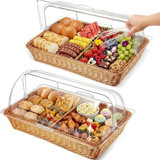 2 Set Wicker Bread Baskets for Serving with Clear Acrylic Roll Top Lid Woven Rattan Bread Basket Large for Fruit Food Picnic Summer Pool Party Outdoor BBQ(21.26 x 13 Inch,2 Compartment) by Ziliny