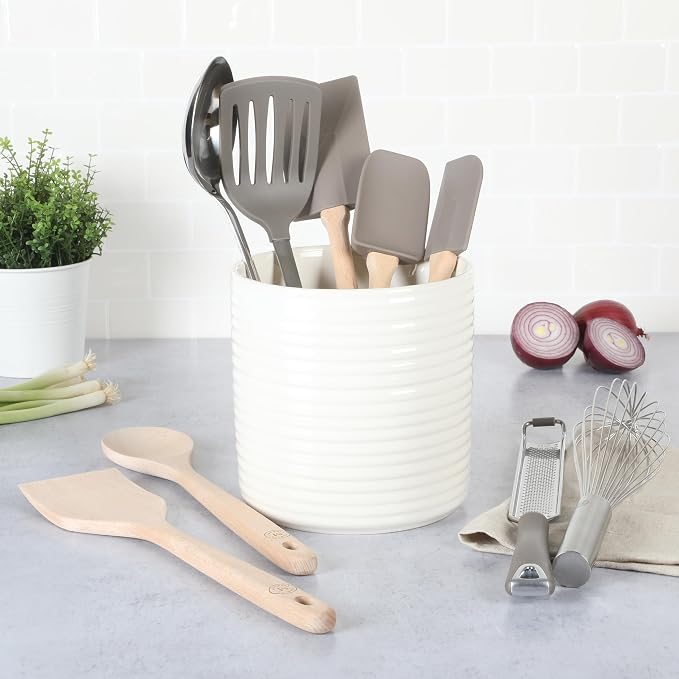 Martha Stewart 10 Piece Tools and Gadget Set W/Ceramic Crock - Linen White w/Grey Tools - Image 3