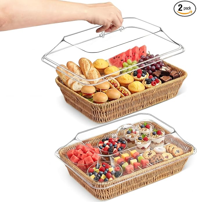 2 Set Wicker Bread Basket for Serving with Acrylic Lid Cover Imitation Rattan Bread Basket Woven for Fruit Summer Picnic BBQ Pool Party Outdoor Housewarming Gift(13.78" X 9.84") by Ziliny