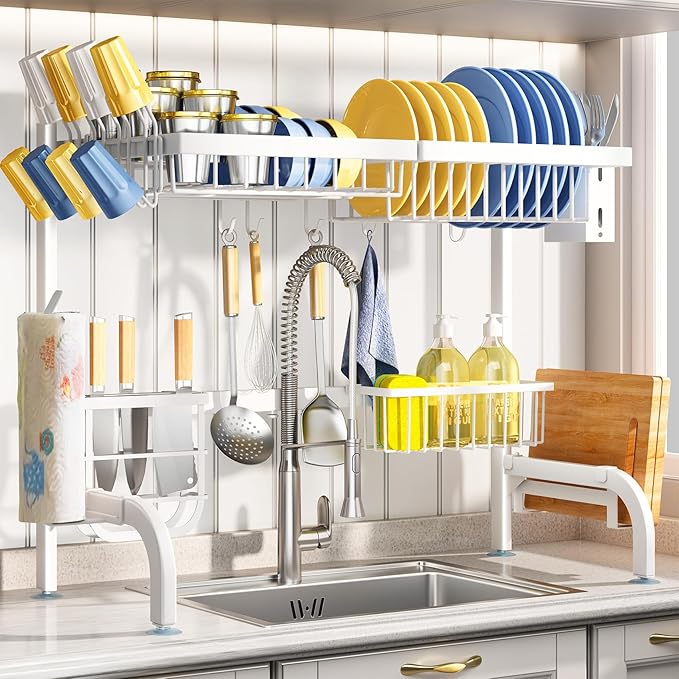 Over The Sink Dish Drying Rack, Adjustable (25.5 to 36.5 inch) 2 Tier Metal Steel Dish Drying Racks for Kitchen Counter with Hooks Paper Towel Utensil Cup Holder Sink Caddy (White) | All-in-One Large Capacity, Snap-On Design for Flexible Use, Strong Me... by SAYZH
