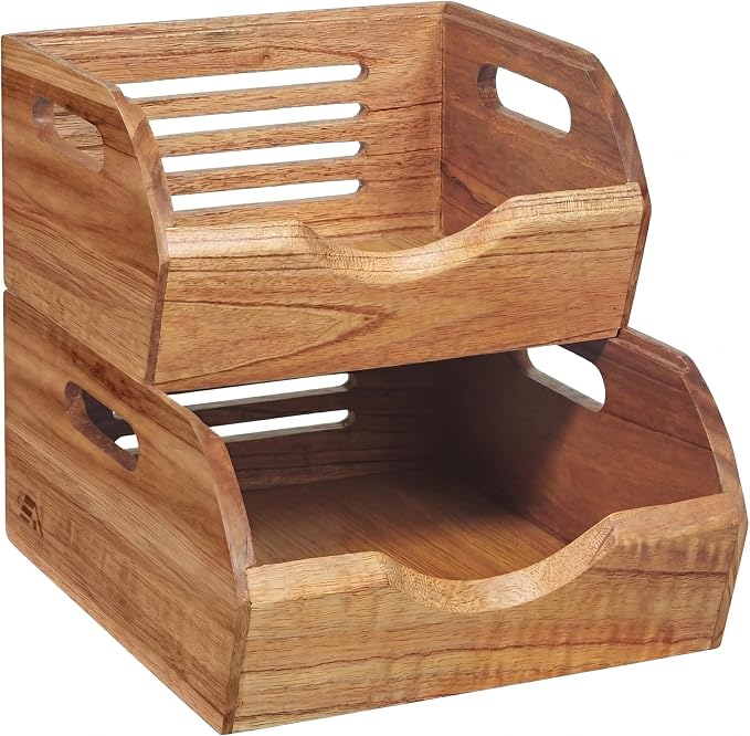 HOMESTEAD Stackable Wood Storage Bin, Ventilated Potato and Onion Storage Organizer with Handles, Wooden Pantry Organizer Bins for Fruit, Vegetables, Potatoes and Onions Storage, Natural by Homestead