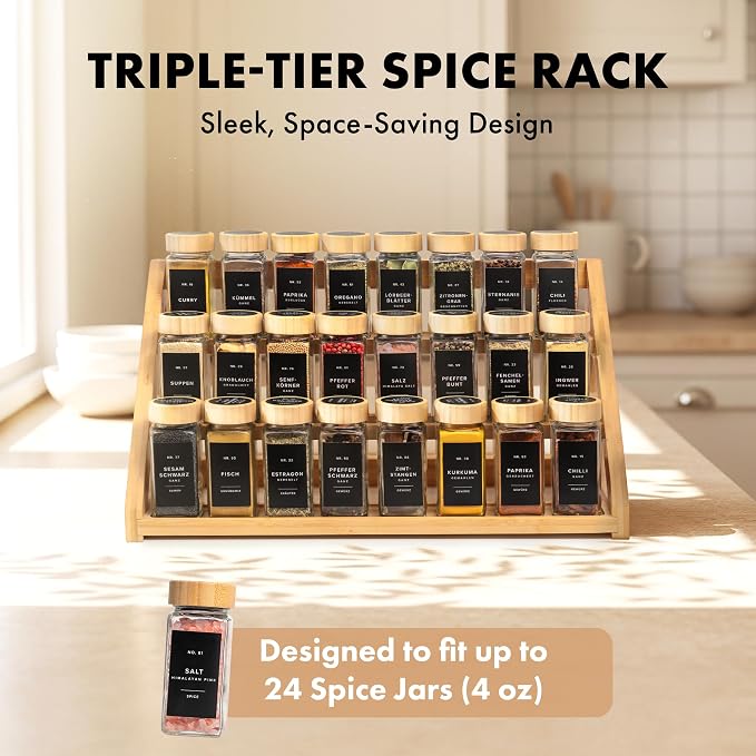 3 Tier Bamboo Spice Rack Organizer for Cabinet – Fits 24 Spice Jars, 17.5” Wide Countertop & Cabinet Organizer for Kitchen Organization, Seasoning Organizer Shelf (Jars Not Included) - Image 4