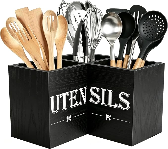 Extra Large Utensil Holder Countertop for Kitchen Counter,Wood Black | 3 Compartments Silverware Caddy Organizer,Corner Kitchen Utensil Holder,Farmhouse Cooking Storage Crock for Spatula,Spoon by Unknown