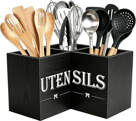 Extra Large Utensil Holder Countertop for Kitchen Counter,Wood Black | 3 Compartments Silverware Caddy Organizer,Corner Kitchen Utensil Holder,Farmhouse Cooking Storage Crock for Spatula,Spoon by Unknown