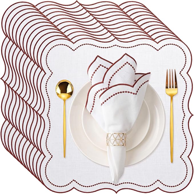 Hahafelt Cloth Napkins 18x18inches Scalloped Embroidery Cloth Napkins Washable Polyester Table Dinner for Hotel Restaurant Weddings Events Parties(Rust Red,12 Set) by Hahafelt