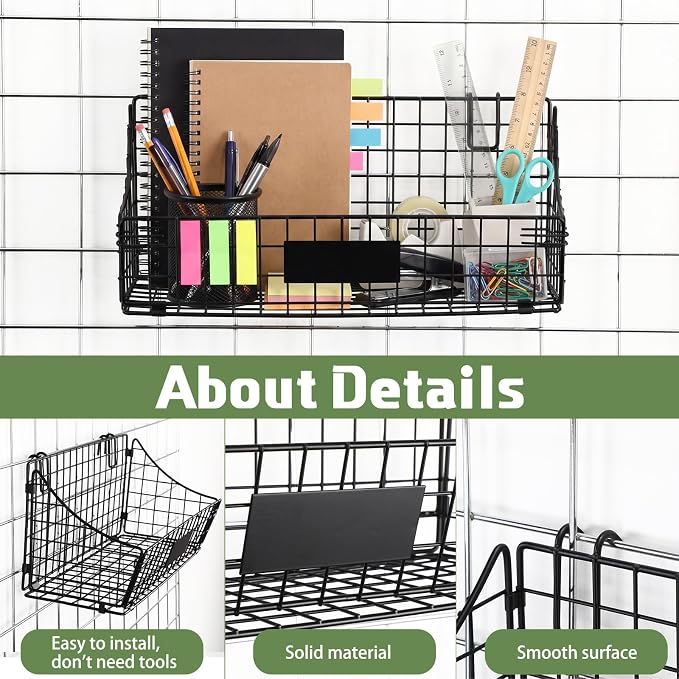 Blulu 4 Pcs Black Grid Wall Baskets, Metal Wire Wall Basket with Hooks Hanging Storage Organization Accessory for Vendor Trade Shows Kitchen Bathroom Pantry Supplies(15 x 7 x 6 Inch) - Image 4