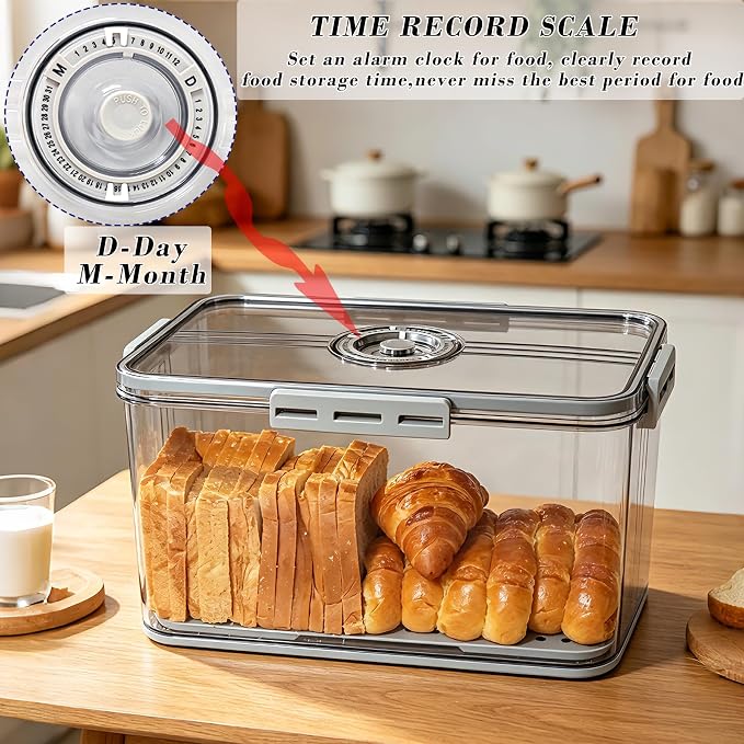 Honbuty Bread Box Bread Boxes for Kitchen Counter Airtight,Time Recording Bread Storage Container with Lid, Bread Keeper for Homemade Bread, Toast, Bagel, Donut and Cookies, Grey,Gifts for Mom Dad - Image 2