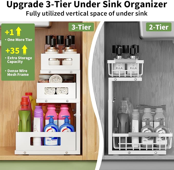 Under Sink Organizer,3-Tier Heavy Duty Pull out Cabinet Organizer Shelf | Height Adjustable,Thickened Metal,Slide out Storage Drawer Rack for Kitchen Bathroom Pantry Laundry Home Organization - Image 2
