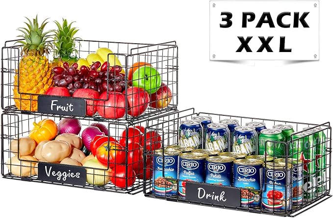 3 Pack XXL Stackable Wire Baskets with Handles & Name Plates | Pantry Organizers and Storage, Snack Organizer & Vegetable Basket & Metal Pantry Bin, Large Capacity, Durable and Sturdy - Image 4
