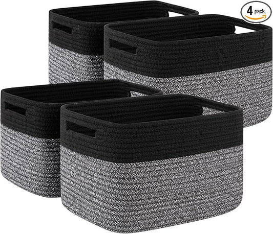 4 Pack Storage Baskets for Organizing, Woven Baskets for Shelves - Perfect for Toys, Books, Towels, and Clothes, Durable Gift Basket Bins Toy Storage, 12.7''Lx9''Wx7.8''H, Dark Grey and Black by SIXDOVE