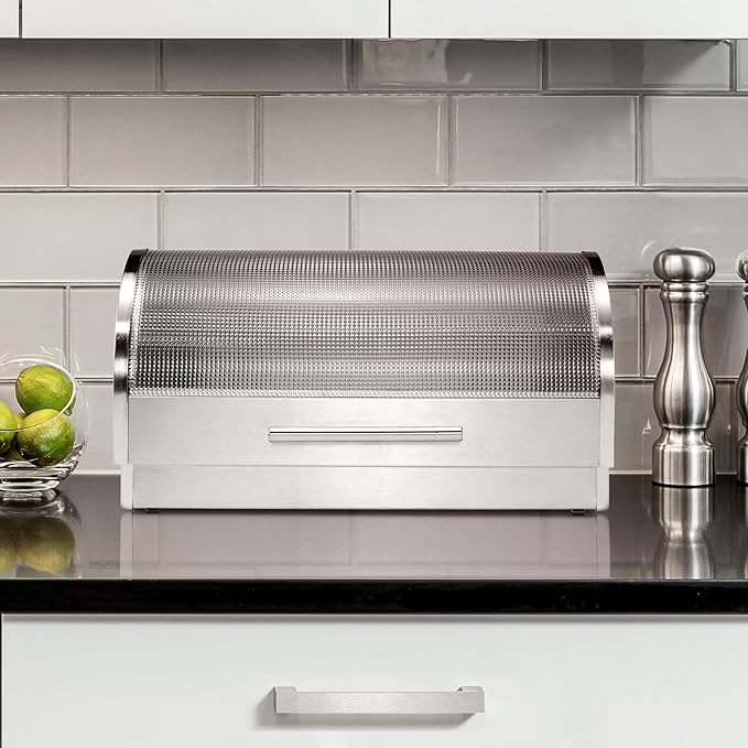 Oggi Stainless Steel Roll Top Bread Box for Kitchen Countertop with Tempered Glass Lid - Fits Multiple Large Loaves of Bread and Other Freshly Baked Goods Including Cookies, Bagels, Muffins - Image 3