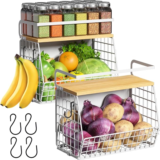 Magnetic Shelf for Fridge with Wood Lid, Fruit Potato and Onion Storage Bins, Pantry Organizers & Storage, Large Container Magnetic Spice Rack for Refrigerator, Kitchen Counter (White, 2) by Ofiray-home