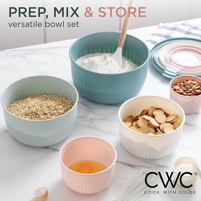 COOK WITH COLOR Prep Bowls with Lids- Wide and Deep Nesting Plastic Small Mixing Bowl Set with Lids, 12 Piece Set - Deep Bowls, Teal and Pink - Image 4