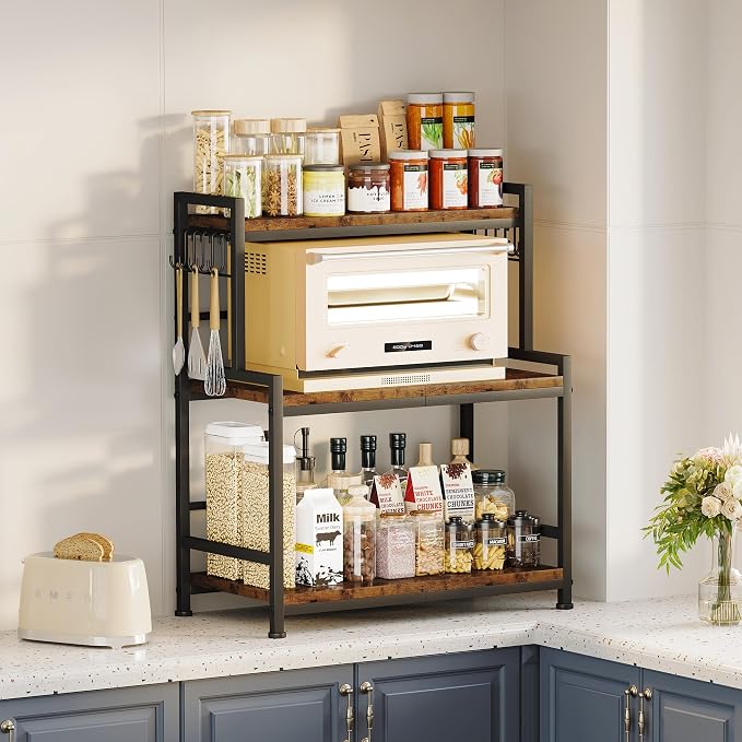 23.6"W Large Kitchen Countertop Organizer,3 Tier Spice Rack Organizer with Adjustable Shelf and 10 Hooks,Wooden Counter Organizer,Space Saving Countertop Shelf Microwave Stand for Kitchen,Coffee Bar - Image 3