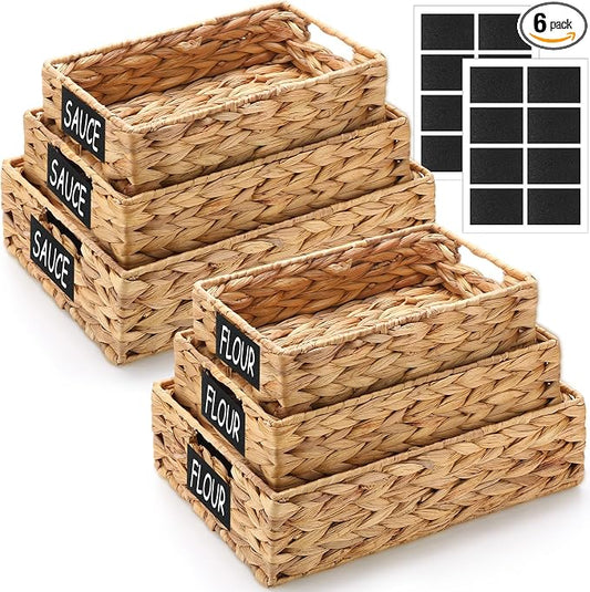 Reallnaive Set of 6 Water Hyacinth Pantry Storage Baskets Wicker Storage Baskets Woven Organizers with Chalkboard Label for Organizing Shelves, Bedroom, Living Room (Large, Medium, and Small) by Unknown