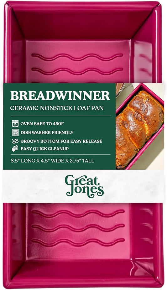Great Jones Nonstick and Non Toxic Loaf Pan - 8.5 x 4.5 (Raspberry) | Pink Heavy-Duty Aluminized Steel Bread Pan | Ridged Bottom for Easy Release, Oven-Safe 450°F, Dishwasher-Friendly by GreatJones