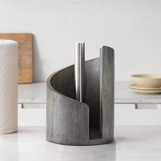 Anji Mountain Wooden Paper Towel Holder with Metal Holder, Holder Stand for Kitchen Roll Organizer & Kitchen Dining Table Home Décor, Countertop Fits Jumbo & Mega Rolls - Greige/Nickel, Classic by AnjiMountain