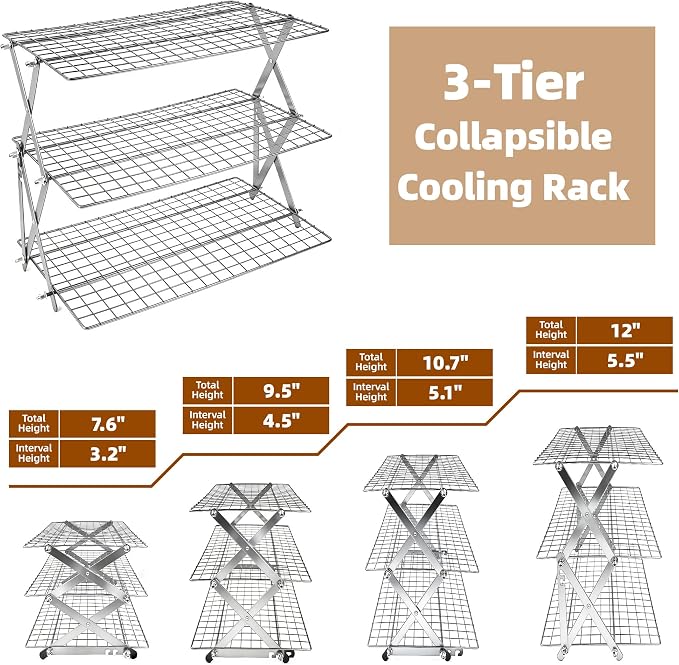 3 Tier Collapsible Cooling Rack Sourdough Cooling Rack 17"x10" | Cooling Racks for Cooking and Baking, Roasting, Grilling, Adjustable 6 Setting Design stackable, Oven & Dishwasher Safe - Image 3