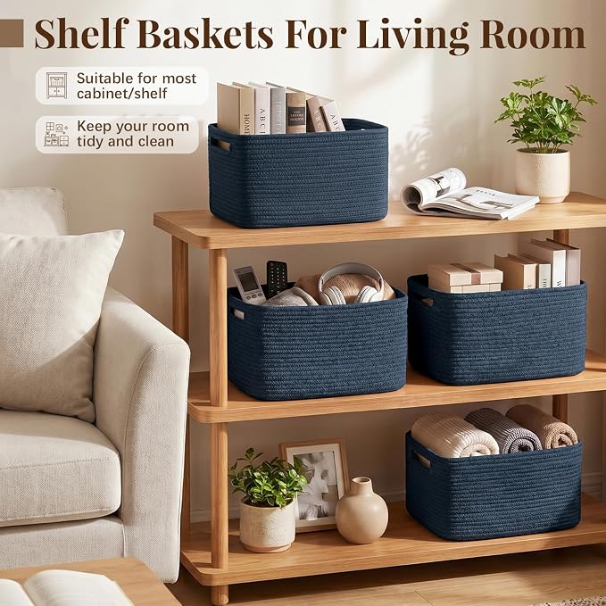 OIASKET 4Packs Natural Cotton Rope Storage Baskets for Organizing Toys, Clothes, Towels & Books, Soft Versatile Organizers for Shelves, Home Decorative Bins, 13''Lx9''Wx7.8''H, Blue - Image 6