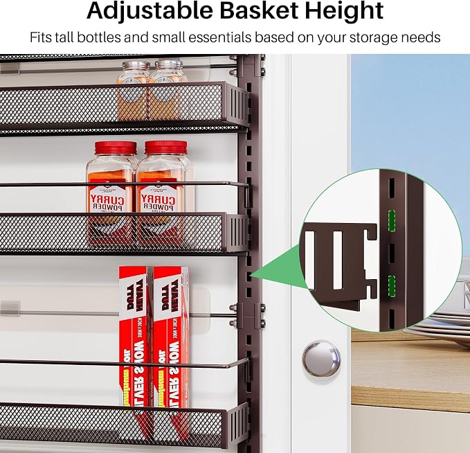 SNTD 8 Tiers Over the Door Organizer, 17" W x 6" D x 69" H, Bronze | Pantry Door Organizers and Storage, Height Adjustable Spice Rack, Dense Mesh Baskets, Anti-Swing, Adjustable Door Fastener - Image 4