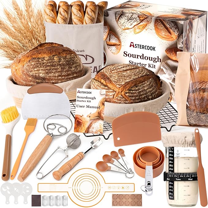 Astercook Sourdough Starter Kit with Round & Oval Banneton Bread Proofing Basket, Starter Jar, Dough Whisk, Scrapers, Stencils, Complete Sourdough Bread Baking Supplies, Fathers Day Gift for Men by Astercook