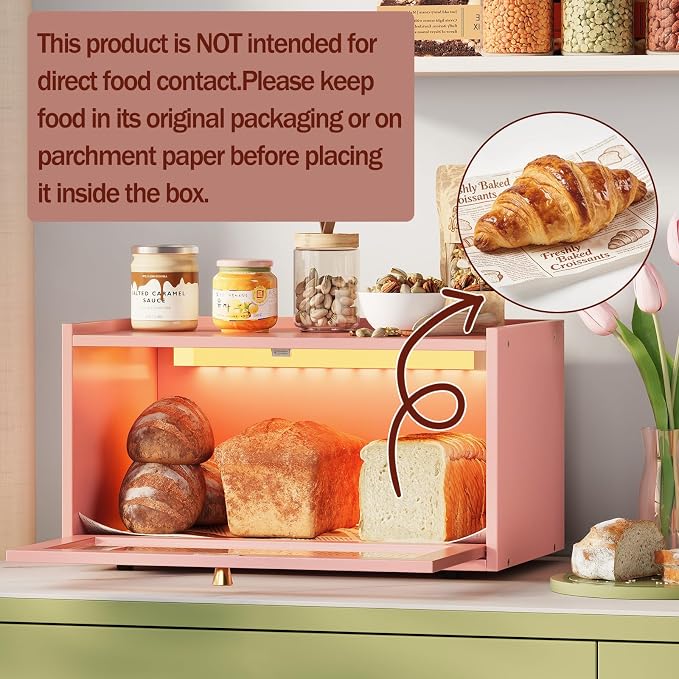 Trironsun Bamboo Bread Box with Led Light for Kitchen Counter Large Capacity Bread Storage Container Kitchen Countertop Organizer with Window Bread Holder (Pink) - Image 3