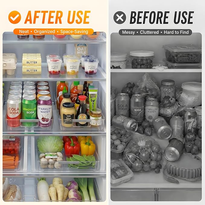 2 Pack Profile Fridge Organizer Bins with Wheels, 2.3'' Low Clear PET Roll Out Refrigerator Trays with 4 Dividers for Soda Cans, Drinks, Snacks and Pantry - Image 8