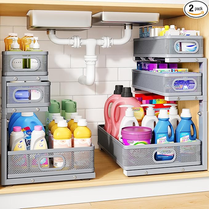 Under Sink Organizer, 3-Tier Thickened Metal Pull out Cabinet Organizer Shelf, Height Adjustable Slide out Storage Drawer Rack for Kitchen Bathroom Pantry Laundry Home Organization, 2-Pack, Grey | 35% Extra Storage Capacity, Carbon Steel, Hold Up 55lbs... by HERJOY