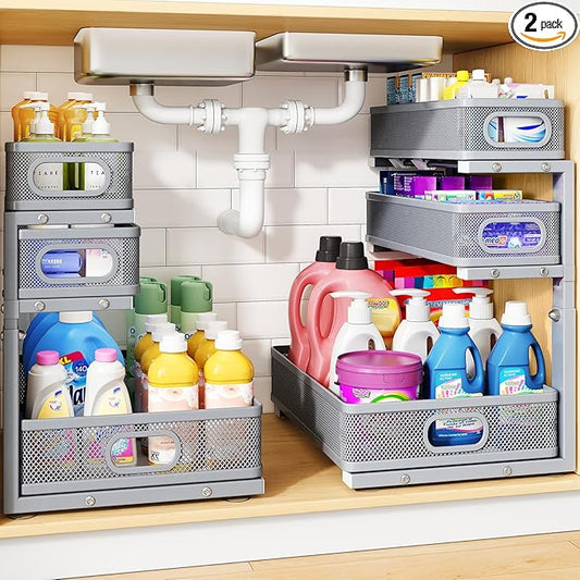 Under Sink Organizer, 3-Tier Thickened Metal Pull out Cabinet Organizer Shelf, Height Adjustable Slide out Storage Drawer Rack for Kitchen Bathroom Pantry Laundry Home Organization, 2-Pack, Grey | 35% Extra Storage Capacity, Carbon Steel, Hold Up 55lbs... by HERJOY