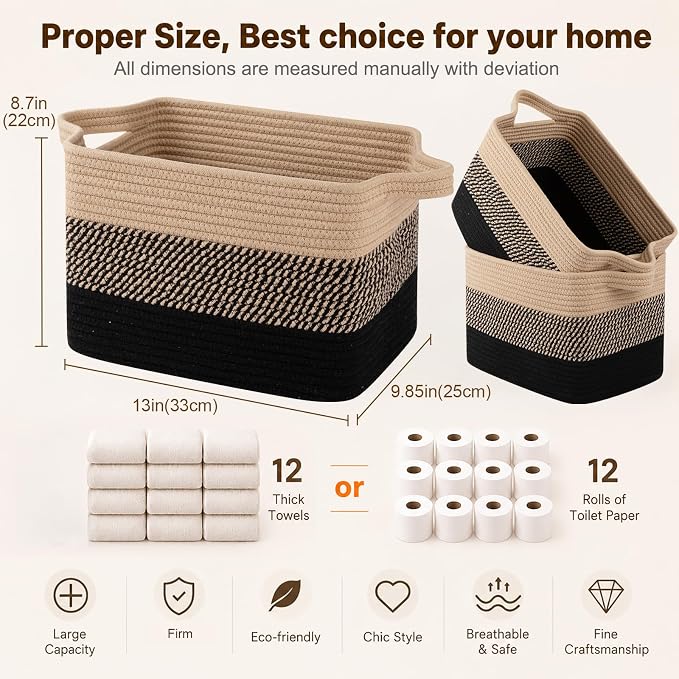 OIAHOMY Storage Basket, Woven Baskets for Storage, Cotton Rope Basket for toys,Towel Baskets for Bathroom - Pack of 3, Black & Brown - Image 5