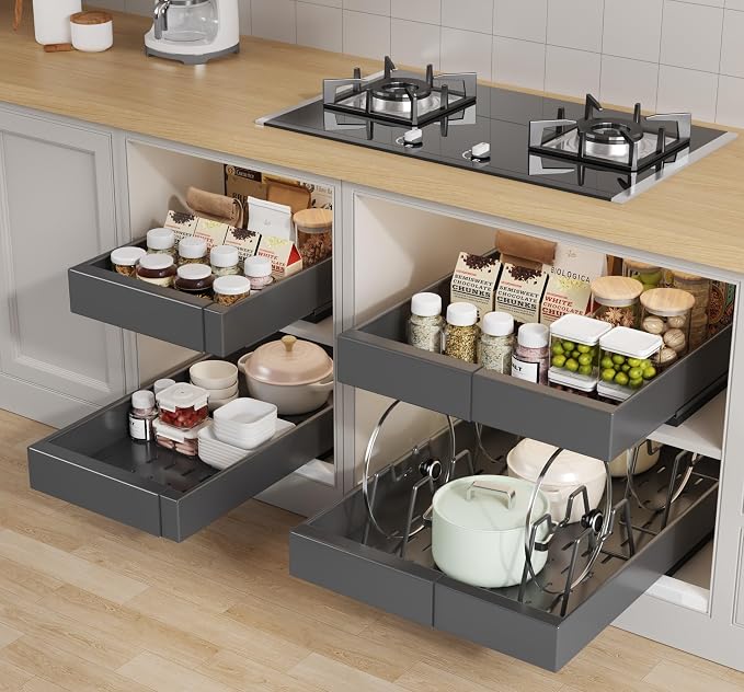 Seinloes 4 Pack Pull Out Cabinet Organizer 21" Deep with Raising Pad for Framed Cabinets, Expandable (9"-14" W) Slide Out Drawers for Kitchen Cabinets with 4pcs Divider Racks, Roll Out Shelves, Black by Seinloes