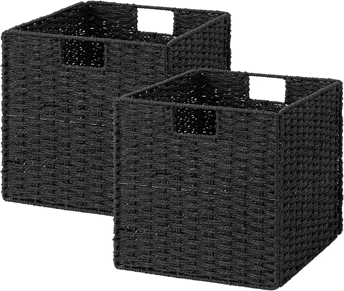 StorageWorks 13 inch Black Wicker Baskets for Storage,Foldable Black Basket | 2-Pack, Handwoven Wicker Storage Baskets for Organizing, Square Storage Cubes, Black Storage Bins, Paper Rope Square Baskets by StorageWorks