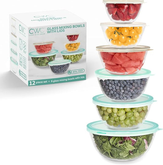 COOK WITH COLOR 12 Pc Glass Mixing Bowl Set with Lids – Borosilicate Glass Nesting Bowls for Cooking, Baking and Meal Prep, Mint by CookwithColor