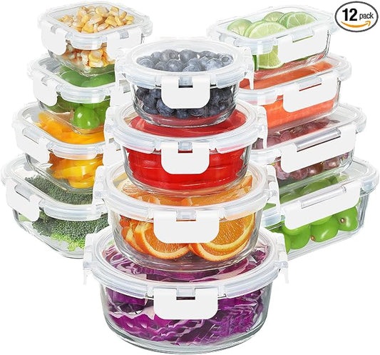 BAYZZ 24 Piece Glass Food Storage Containers with Lids, Airtight Glass Meal Prep Containers for Kitchen, BPA-Free Lunch Box, Microwave and Freezer Safe,White by BAYZZ