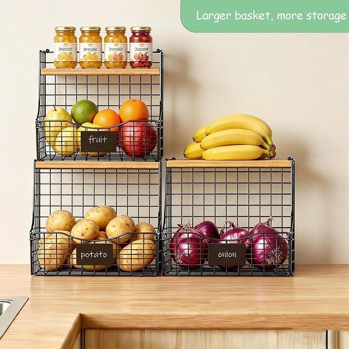 3 Pack wire Fruit Basket for Kitchen with Wood Lid - Counter&Wall Mounted Onion and Potato Storage with Nameplate, Hanging Baskets for Vegetable,11.81 * 10.63 * 8.66 Inch - Image 3