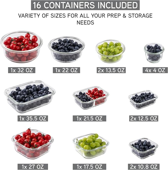 COOK WITH COLOR Premium 32-Pc. Borosilicate Glass Food Container Set with Dividers - 4 Rectangles, 8 Rounds, 4 Squares - Leakproof Lids - Meal Prep, Storage, Ombre Grey - Image 3
