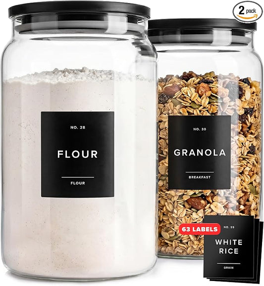 2x Large Glass Storage Containers with Airtight Black Lids [135oz/4000ml] | Extra Thick Glass Canisters for Pantry + 63 Labels | Flour Rice Cereal Sugar Coffee Beans Tea by EDELHAUS