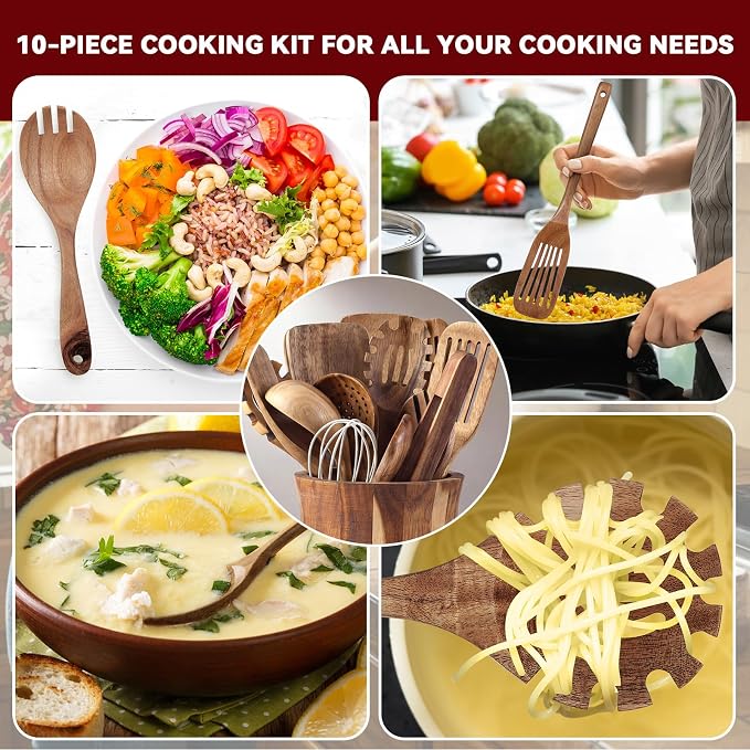 SiliFine 11 Pcs Wooden Kitchen Utensils Set with 360° Trumpet Rotating Holder Acacia Wood Cooking Utensils with Holder Cooking Spoons Spatulas for Nonstick Cookware Countertop Kitchen (Natural) - Image 4