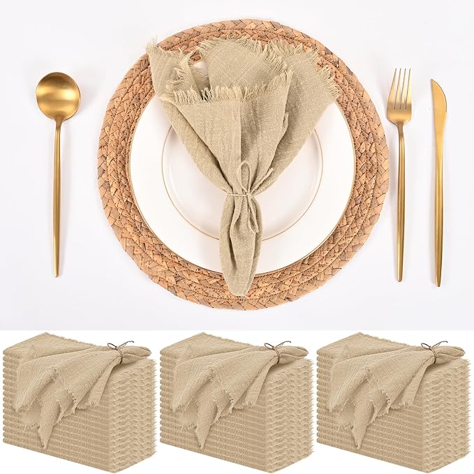 50 Pack Caramel Cloth Napkins, 16 x 16 Inch Cotton with Fringe Settings | Handmade washable reusable cotton dinner napkins in bulk for weddings, parties, rustic boho table settings by FXKS