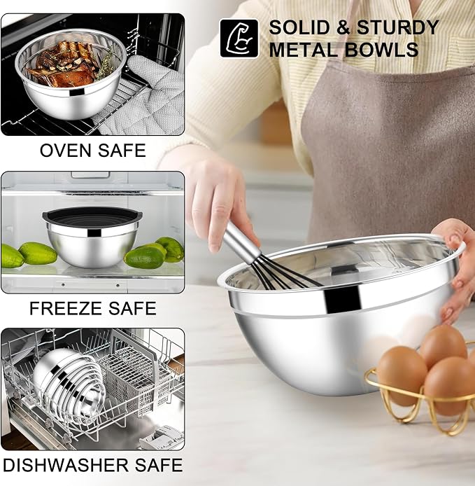 E-far Mixing Bowls with Lids Set, 21PCS Stainless Steel Salad Mixing Bowls with 3 Grater Attachments, Size 7, 4.6, 3.5, 2.6, 2, 1.5, 1QT, Nesting Design & Black Airtight Lid, For Baking/Prepping - Image 6