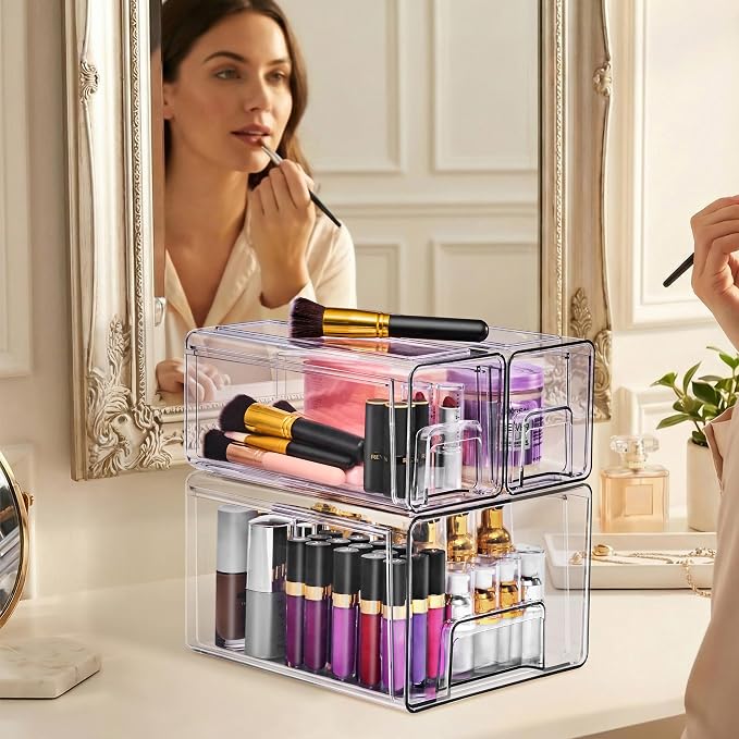 Sorbus 1 Large & 2 Small Clear Stackable Storage Drawers, Plastic Organizer Bins with Handles, Pull-Out Stackable Drawers for Bathroom Closet, Medicine, Cabinet, Pantry Storage, Baby Bottle Organizer - Image 2