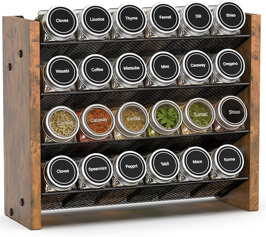 NESAPTO Spice Rack Organizer for Cabinet, Wood 4-Tier Vertical Seasoning Organizer, Wall Mount or Countertop Spice Shelf, Holds 24 Jars (No Jars Included), 12.2" W x 9.4" H by NESAPTO